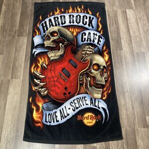 Hard Rock 1971 Guitar Scull Flames Beach Towel Cotton 57” X 30” Graphic NWOT